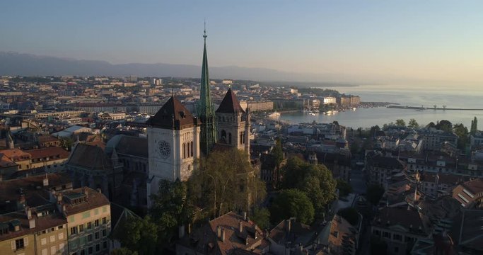 Back traveling St-Pierre cathedral, Geneva - Aerial 4K
