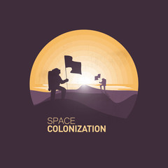 Space colonization.Astronaut holds flag on a hill in the desert.Negative space illustration