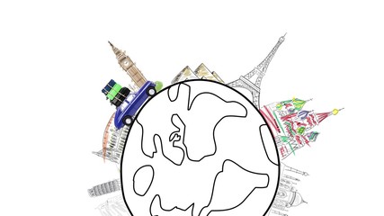 Around the world. Blue retro toy car with travel cases driving by famous monuments on cartoon planet.