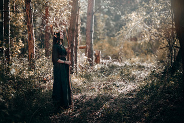 beautiful elf woman fabulous, fairy forest, famtasy young woman with long ears, long dark hair...