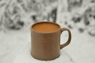 Cup of coffee with cinnamon on the snow background