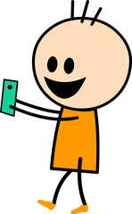 Vector Illustration of a cute boy cartoon in yellow dress playing and enjoying his mobile phone while walking.