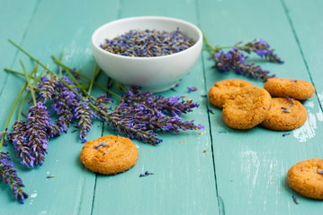 cakes with lavender on aged blue wood table