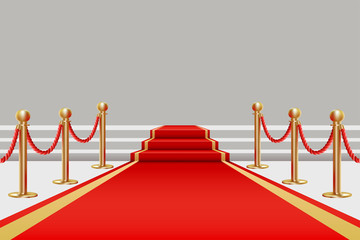 Red carpet. Golden fencing and red carpet with a rise on the stage. Vector illustration in realistic style.