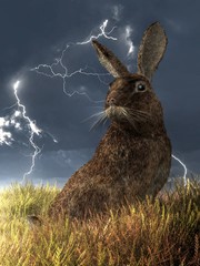 A rabbit with brown fur sits on a grassy hill.  It looks over its shoulder with its ears perked up.  In the background, bright lightning forks down from dark stormy skies. 3D Rendering