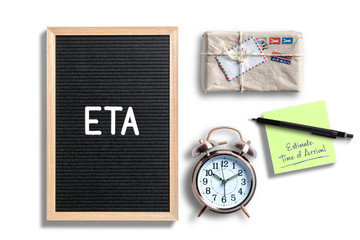 letterboard with acronym ETA and a package and a clock on white background