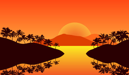 panorama landscape of yellow color Silhouette palm tree on beach in flat icon design under sunset sky background
