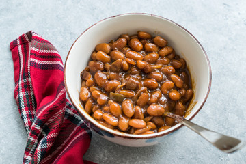 Homemade Barbecue Baked Beans in Porcelain Bowl.