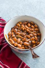 Homemade Barbecue Baked Beans in Porcelain Bowl.