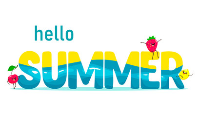 Fototapeta premium Bright banner Hello Summer. Vector illustration with handwritten text water texture and cute fruits cartoon on a white background