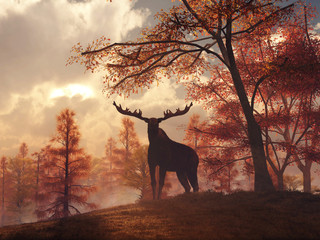 Fototapeta na wymiar As the sun sets on a late autumn day, a moose stands on a grassy hill. Surrounded by fall foliage, this mighty animal of North American looks right at you, silhouetted against the sunset. 3D Rendering
