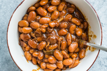 Homemade Barbecue Baked Beans in Porcelain Bowl.