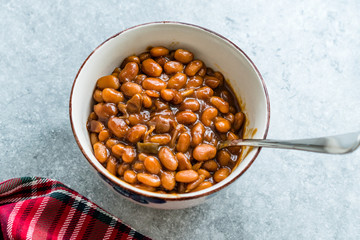 Homemade Barbecue Baked Beans in Porcelain Bowl.