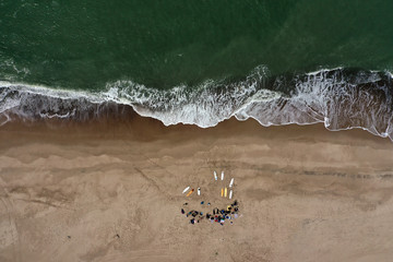 surfboartds form a drone perspective on a beach