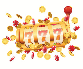Golden slot machine with flying golden coins wins the jackpot. Big win concept.