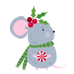 Christmas rat or mouse. 2020 new year symbol. White background. 2020 new year holiday mouse