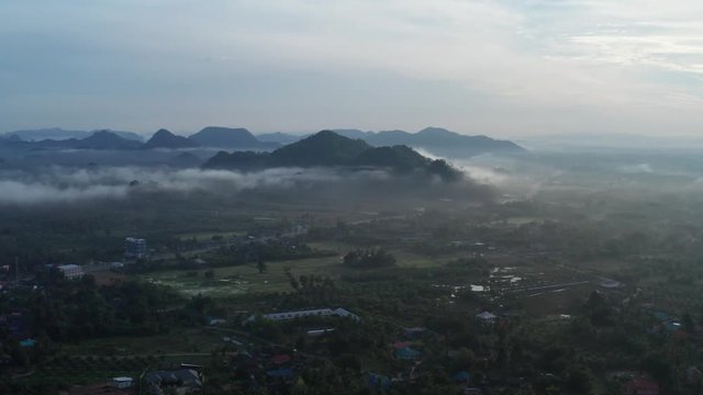 Aerial drone view of Pakbara small village during cloudy morning, Thailand