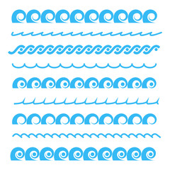 Set of horizontal lines of different blue waves, vector illustration.