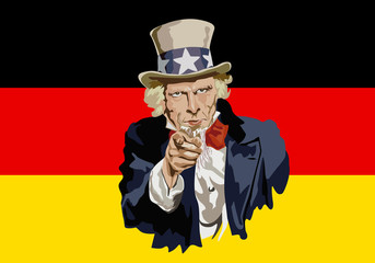 Concept du protectionnisme et de la guerre économique mondiale avec le portrait de l’Oncle Sam devant le drapeau allemand, désignant d’un air menaçant, les pratiques commerciales de l’Allemagne.