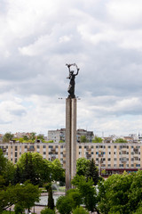 Fototapeta na wymiar Kaluga, Russia - May 11, 2019: View of monument of Victory Square (Ploshchad Pobedy) from the Sky restaurant.