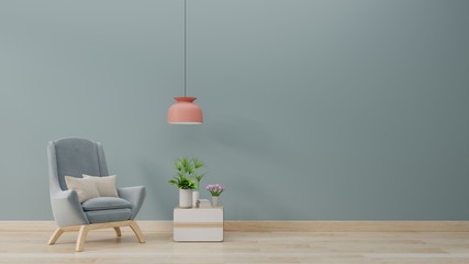 Modern living room with blue armchair have cabinet and wood shelves on wood flooring and blue wall ,3d rendering 