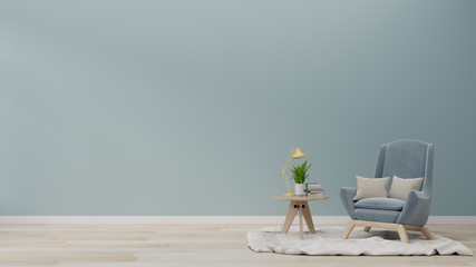 Modern living room with blue armchair have cabinet and wood shelves on wood flooring and blue wall ,3d rendering