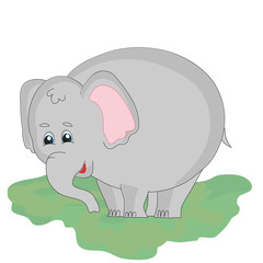 Funny elephant stands on the grass on a white background. Illustration. 