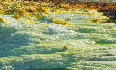 Acid ponds in Dallol site in the Danakil Depression in Ethiopia, Africa