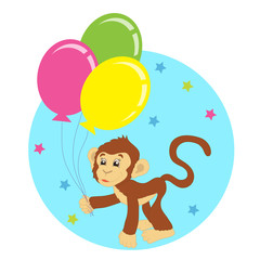 Cute little monkey with balloons. Illustration. 