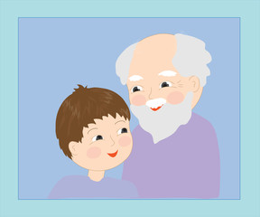 Portrait of a little boy and his grandfather. Illustration. 