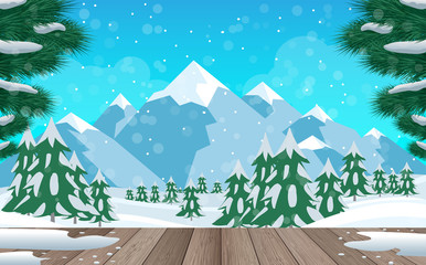 landscape of wooden floor in the snow forest in the winter