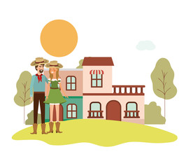 Obraz na płótnie Canvas farmers couple talking with background houses