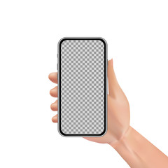 Realistic woman hand holding smartphone with blank screen isolated on white background. Vector illustration