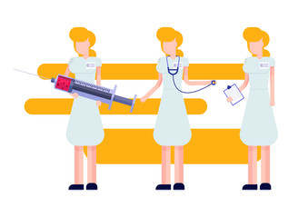 nurse with medical equipment, doctor with syringe and stethoscope, set of flat characters
