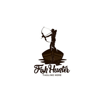 fish hunter with bow and wooden boat
