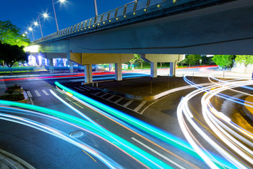 The car light trails in the city intersection in Guangzhou, China