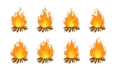 Collection of burning bonfires or campfires isolated on white background. Animation set of flame on firewood or logs in fire. Bundle of decorative design elements. Flat cartoon vector illustration.
