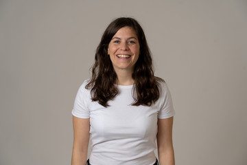 Obraz premium Portrait of young attractive cheerful woman with smiling happy face. Human expressions and emotions