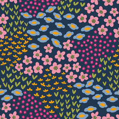 Seamless abstract floral pattern in shades of pink, blue, orange and green on a navy background.