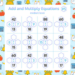 Addition and Multiplication Math Puzzle Set. Mathematical educational game. Vector Illustration.