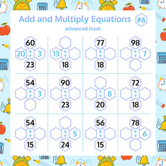 Addition and Multiplication Math Puzzle Set. Mathematical educational game. Vector Illustration.