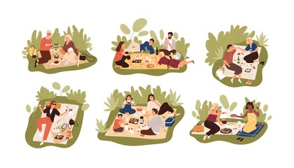 Collection of young and elderly people at picnic. Bundle of happy men, women and children eating meals outdoors. Set of friends, families and couples having lunch. Flat cartoon vector illustration.