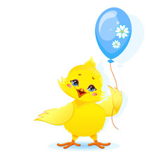 Happy Cute Chicken With Blue Balloon on White Background. Vector Illustration.