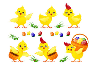 Cute cartoon chicken set. Funny yellow hand drawn chicks and chickens in different poses with Easter eggs and basket. Vector Illustration.