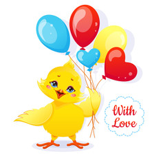 Happy Cute Chicken With Love and Balloons. Vector Illustration.