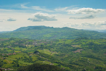 Beautiful view of the hills of Umbria seen from the castle of San Marino