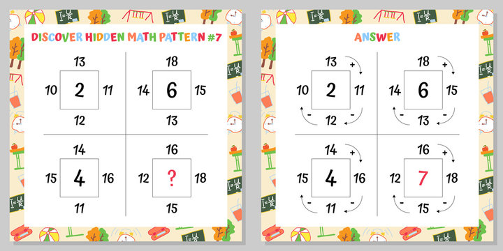 Discover Hidden Math Pattern Educational Game Worksheet Set. Mathematics puzzle. Vector Illustration.