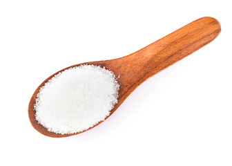 Monosodium glutamate in wood spoon on white background, food ingredient