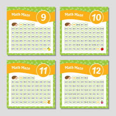 Naklejka premium Math Maze Addition Worksheet. Educational Game. Mathematical Puzzle. Vector illustration.