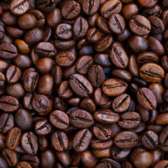 Coffee beans background. Top view. Copy space.